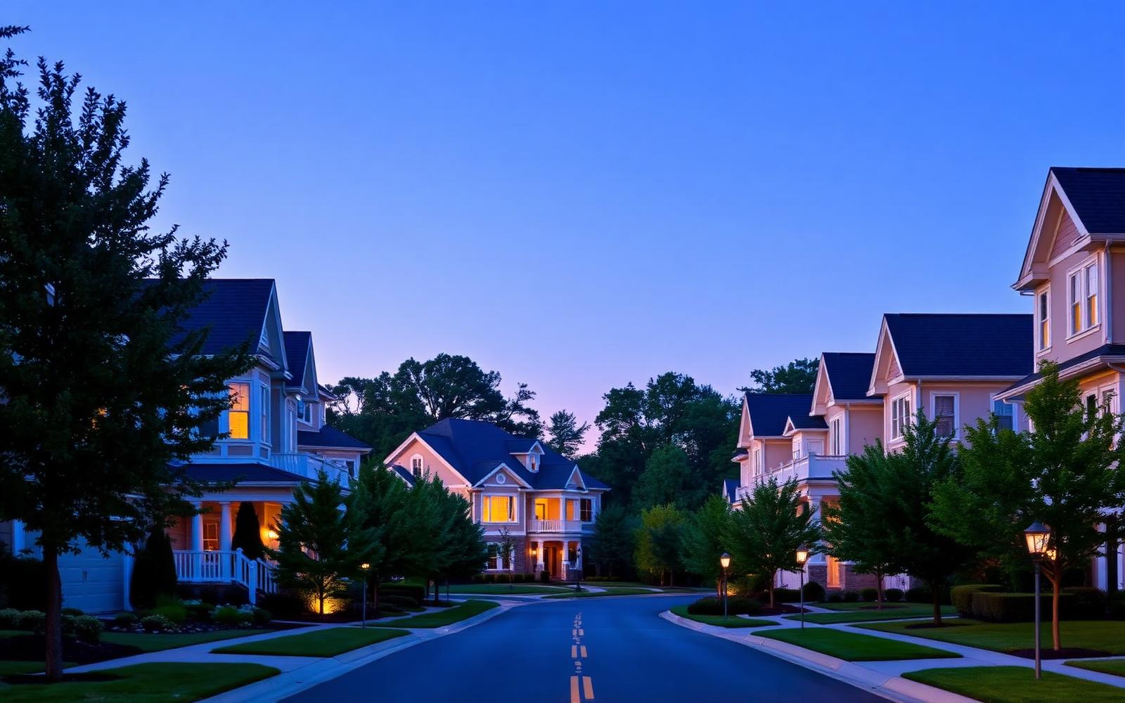 Residential street of appraised suburban homes at dusk
